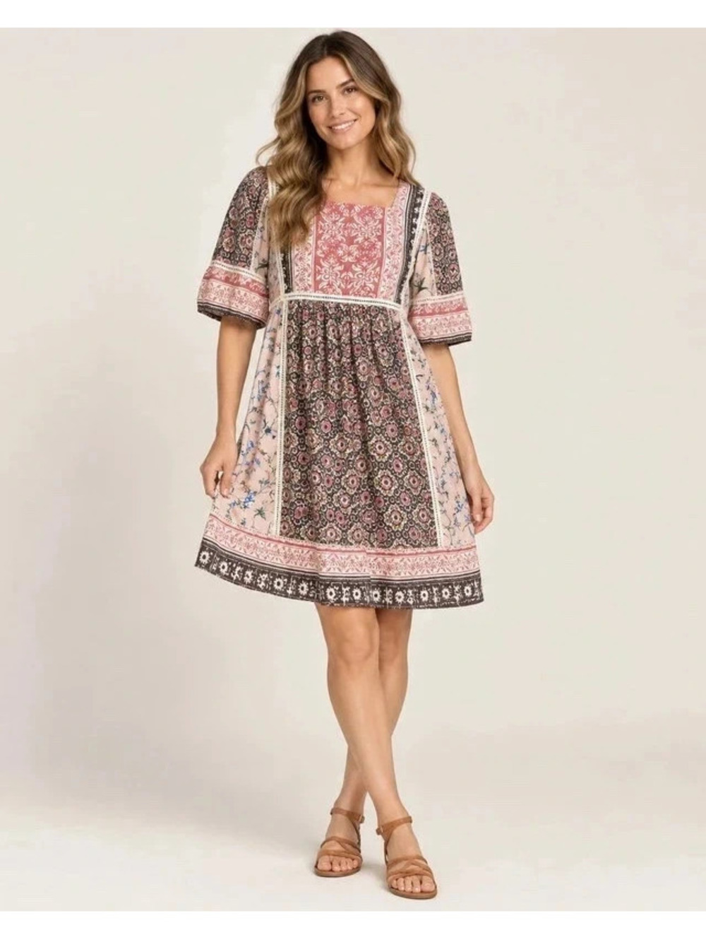 Sundance Petite Small Boho Patchwork Floral Crochet Trim Dress